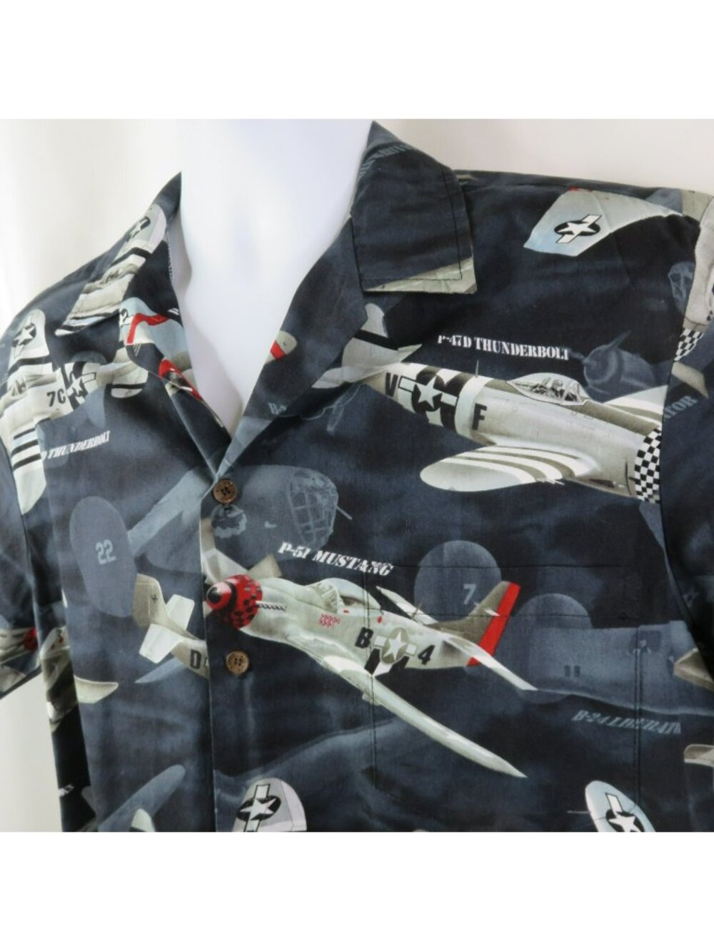 RJC Hawaiian Shirt Mens L Aloha War Planes 100% Cotton Made in Hawaii Gray Black